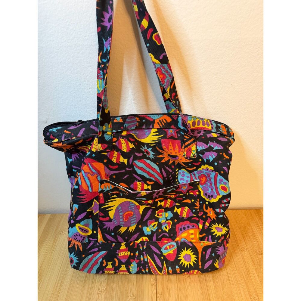 RARE PRINT! 1970s Vintage Carpetbags of America Tropical Fish Neon Tote Bag